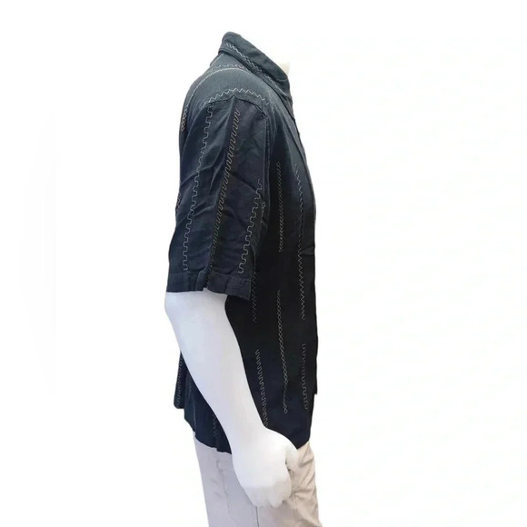 Cotton Reel 100% Silk Black Gold Button Down Short Sleeve Shirt Size L - Picture 3 of 11